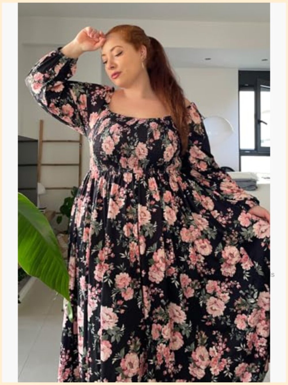 Plus Size Square Neck Long Sleeve Smocked Maxi Dress with Pockets - Picture 4 of 7